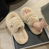 (Buy 1 Get 1) Autumn Winter Women Fashion Plush Warm Pearl Decorative Round Toe Flat Home Slippers