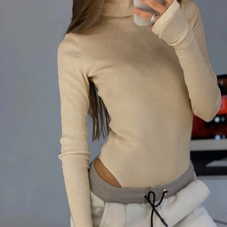 Women Slim-Fit Knitted High-Necked Long-Sleeved Solid Color Basic Rib-Knit Bodysuit