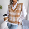 Women Fashion Casual Color Block Plaid Knitted Vest Sweater