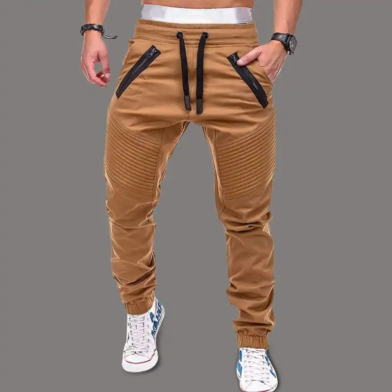 Men Fashion Drawstring Waist Zipper Solid Color Jogger Pants