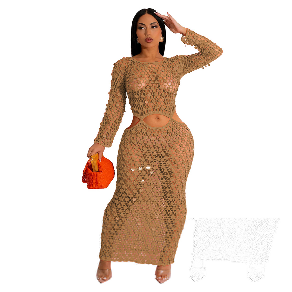 Women'S Fashion Casual Knitted Hollow Long Sleeve Sequin Dress