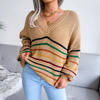 Women Casual Rainbow Stripe Loose V Neck Long Sleeve Knitted Sweater