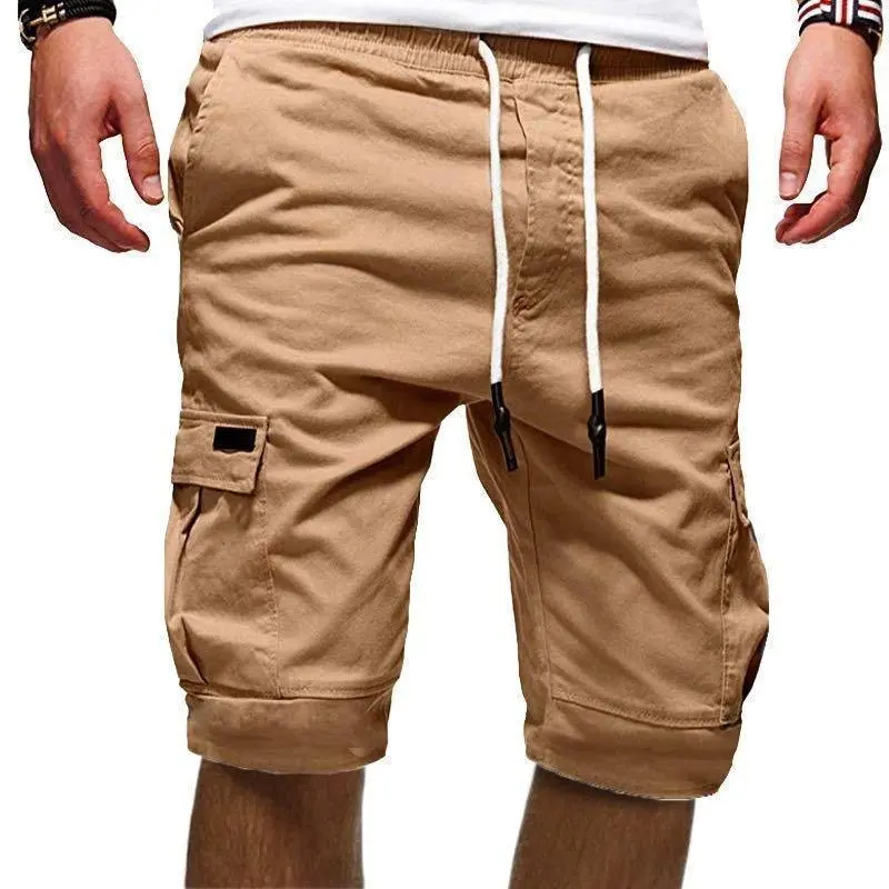 Men Casual Mid-Rise Solid Color Multi-Pocket Sports Shorts