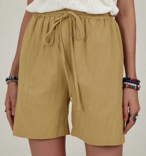 Women Fashion Casual Drawstring Cotton Linen Shorts