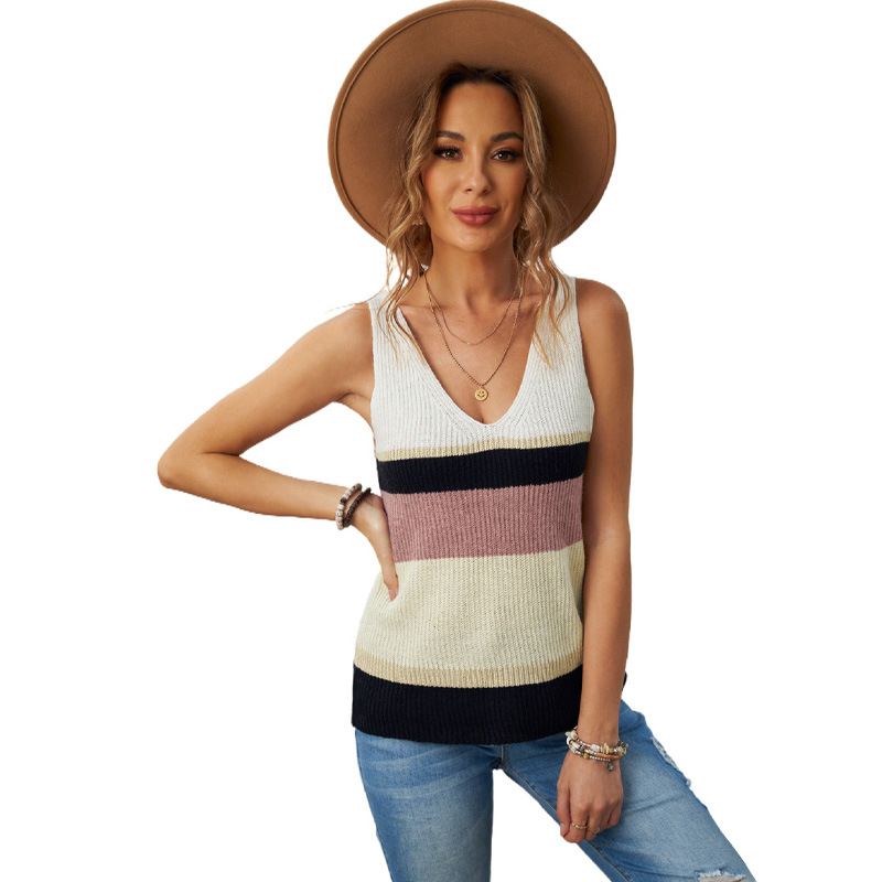 Women Casual Color Blocking Stripe V-Neck Sleeveless Knitted Tanks