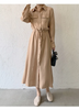 Women Ramadan /Eid Fashion Minimalist Casual Solid Color Lapel Short-Sleeve Drawstring Pocket Single-Breasted Dress