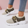 Women Fashion Plus Size Color Block Metal Chain Thick-Soled Breathable Fly-Woven Sneakers