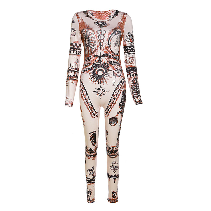 Summer Women Fashion Graphic Printed Long Sleeve Round Neck Zipper High Waist Jumpsuits