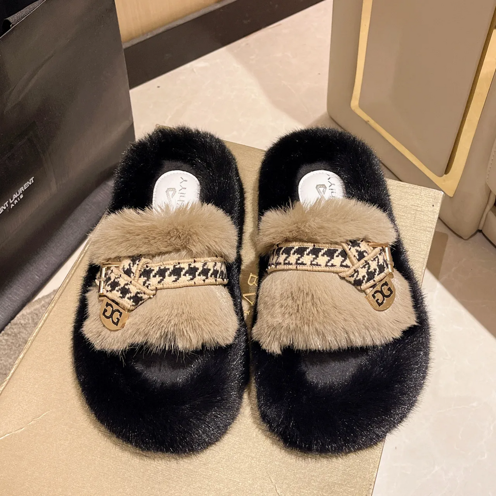 Autumn Winter Women Fashionable Houndstooth Belt Buckle Plush Round Toe Flat Home Slippers