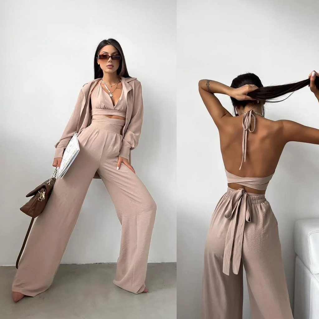 Women Fashion Casual Solid Color Camisole Top Suit Jacket Pants Three-Piece Set