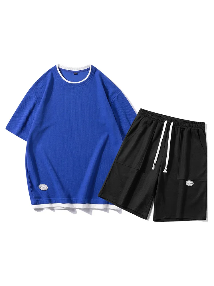 Unisex Fashion Waffle Round Neck Short Sleeve Oversized Loose T-Shirt And Shorts Two-Piece Set