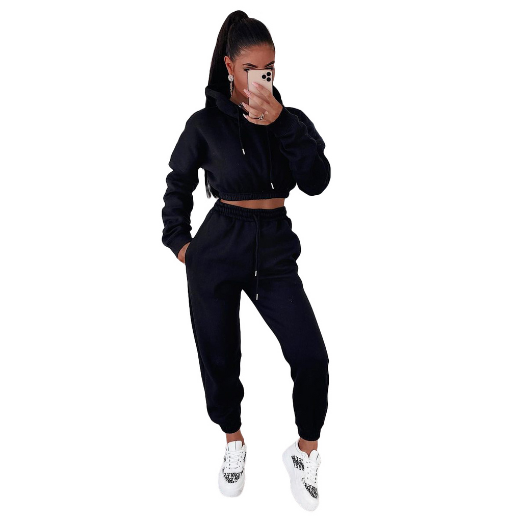 Women Fashion Casual Athleisure Solid Color Hoodie And Pants Sports Set