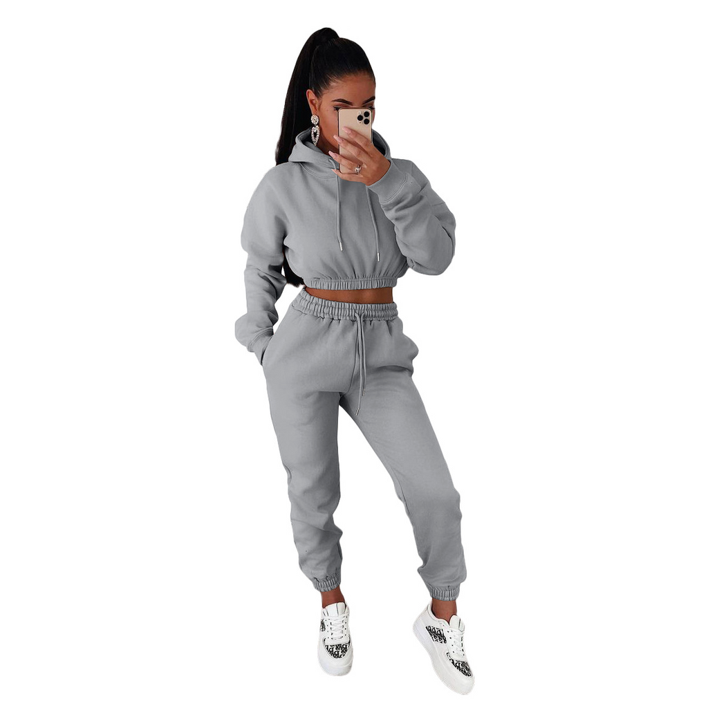 Women Fashion Casual Athleisure Solid Color Hoodie And Pants Sports Set