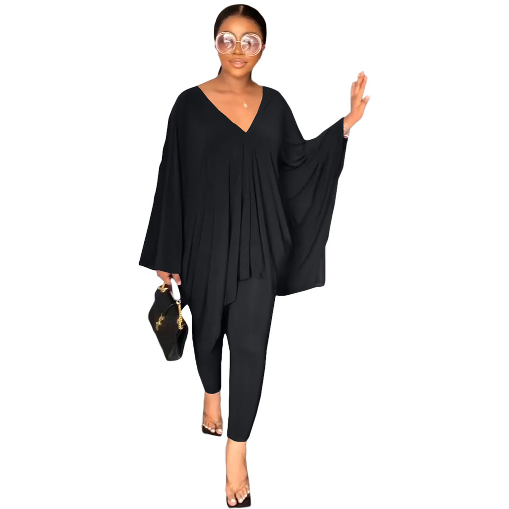 Fashion Women Casual Loose V-Neck Dolman Sleeve Top And Skiny Pants Two-Piece Set