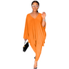 Fashion Women Casual Loose V-Neck Dolman Sleeve Top And Skiny Pants Two-Piece Set