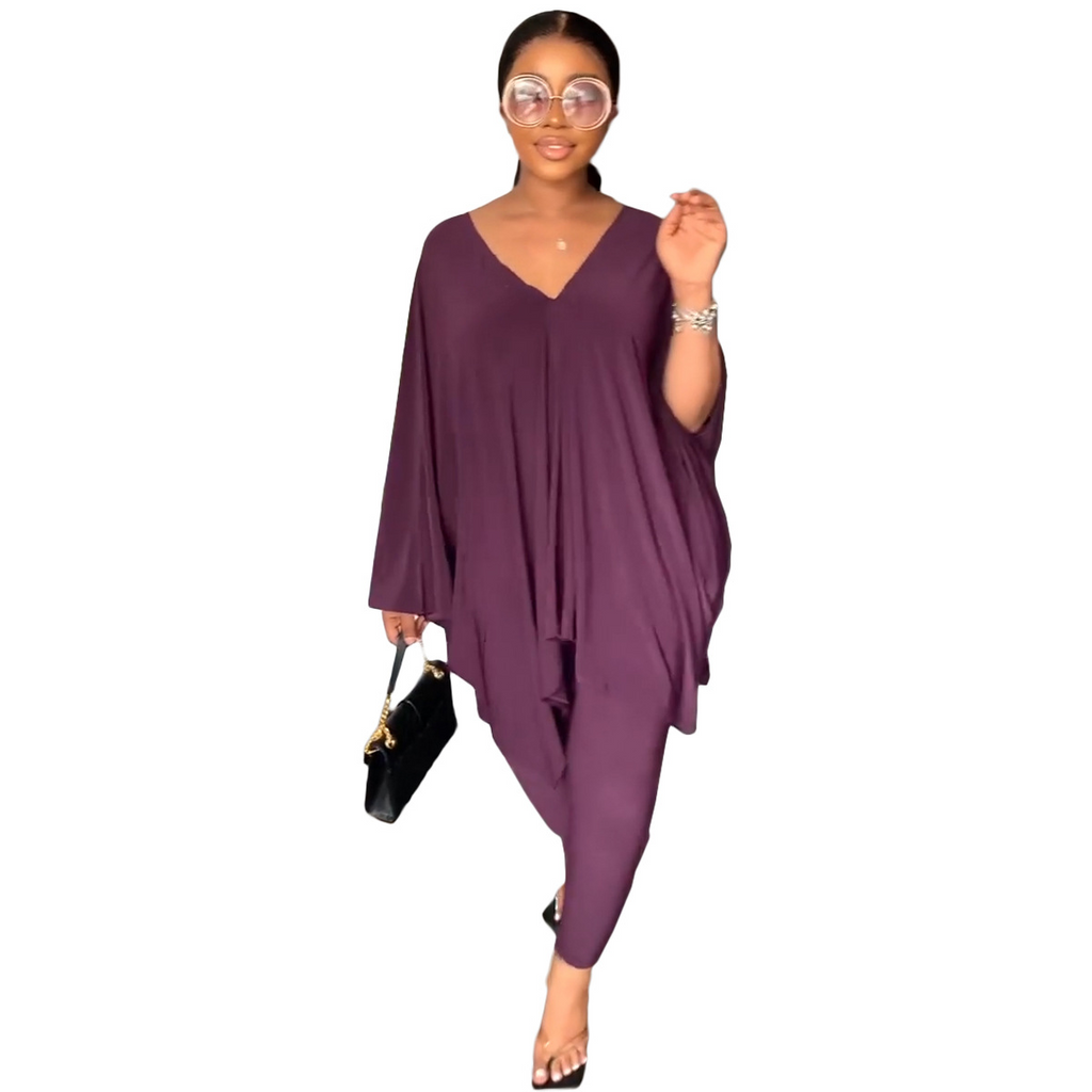 Fashion Women Casual Loose V-Neck Dolman Sleeve Top And Skiny Pants Two-Piece Set