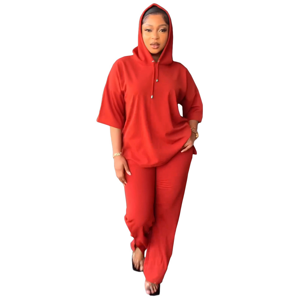 Women Casual Soloid Color Long Sleeve Hoodie And Pants Two-Piece Set