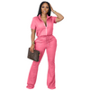 Women'S Spring And Summer Short-Sleeved Zipper Jacket Bell-Bottom Pants Casual Two-Piece Suit