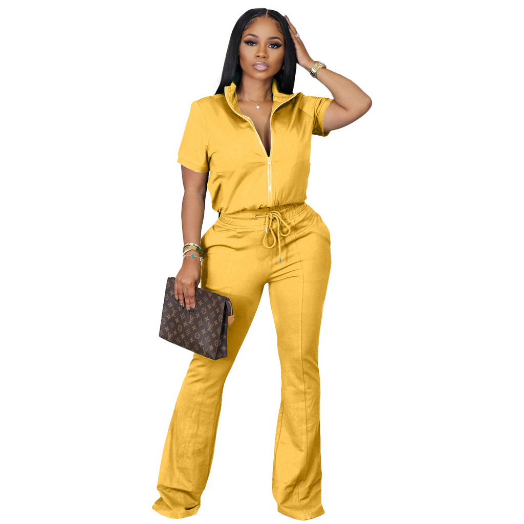 Women'S Spring And Summer Short-Sleeved Zipper Jacket Bell-Bottom Pants Casual Two-Piece Suit