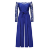 Women Elegant Solid Color Lace Patchwork Long-Sleeved Off-The-Shoulder Belted Side-Slit Jumpsuits