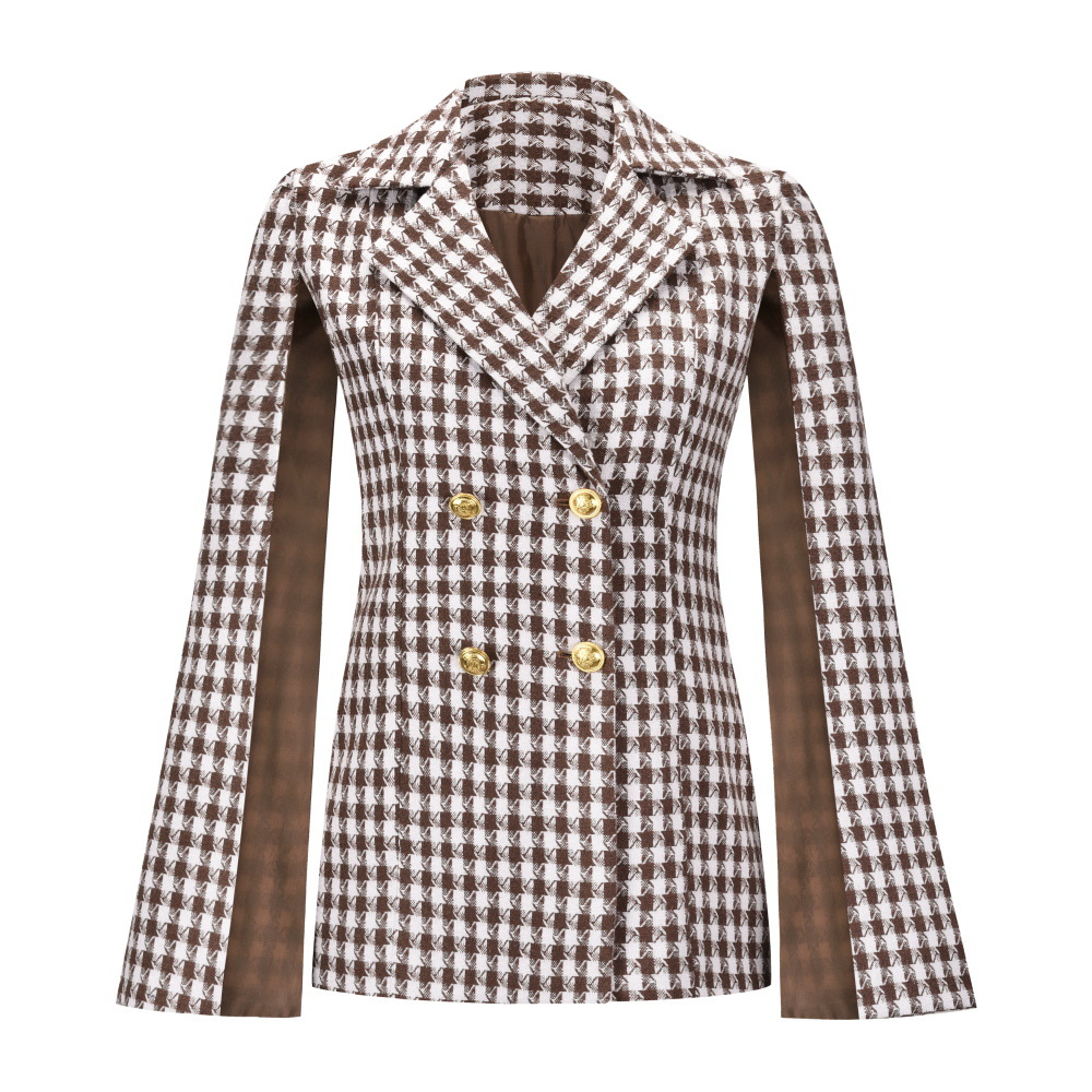 Women Fashion Slim-Fit Houndstooth Double-Breasted Shawl Blazer