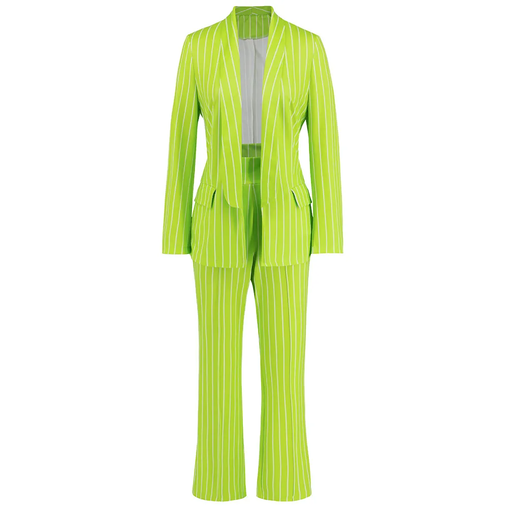 Women Fashion Casual Stripe Suit Jacket Straight Wide Pants Two-Piece Set