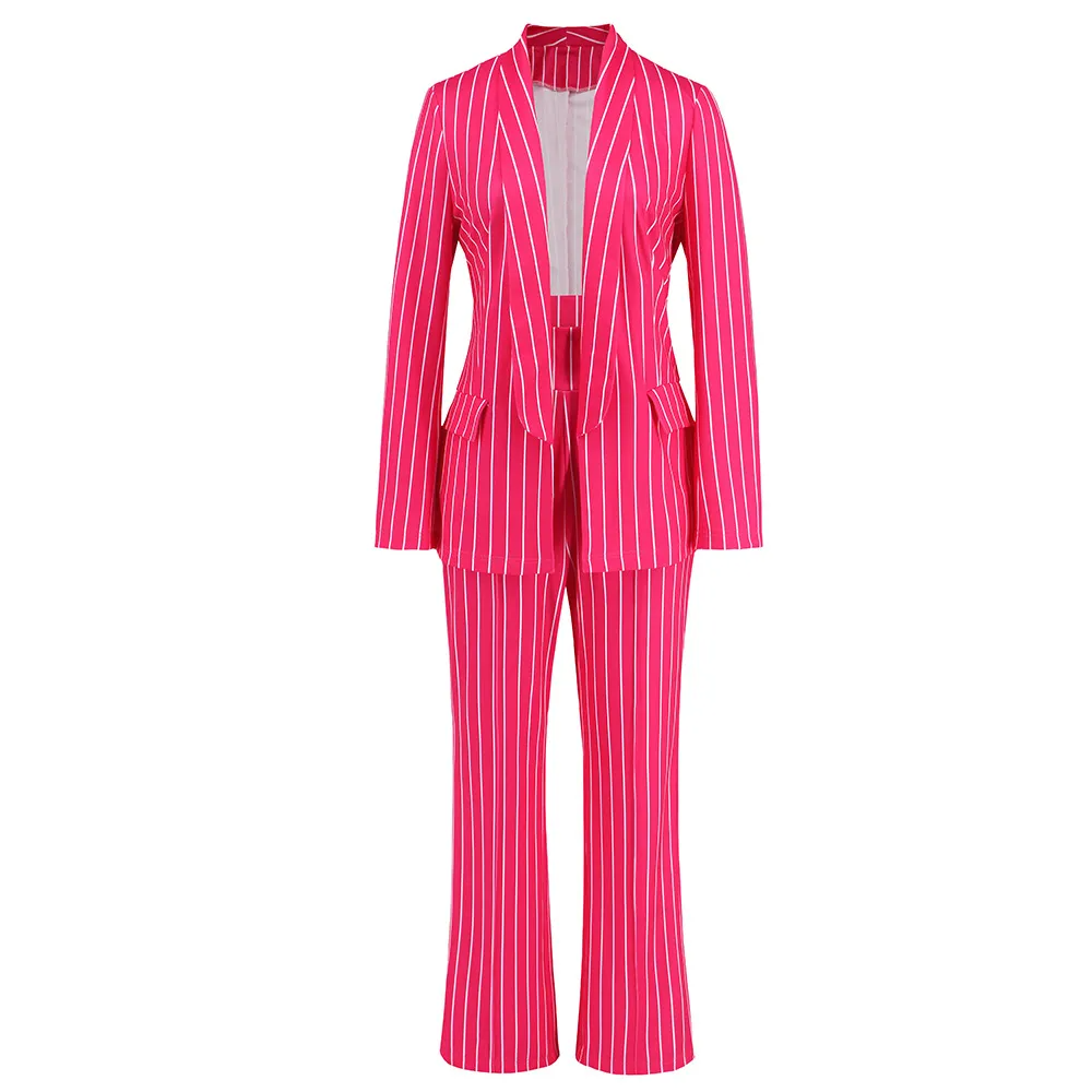 Women Fashion Casual Stripe Suit Jacket Straight Wide Pants Two-Piece Set