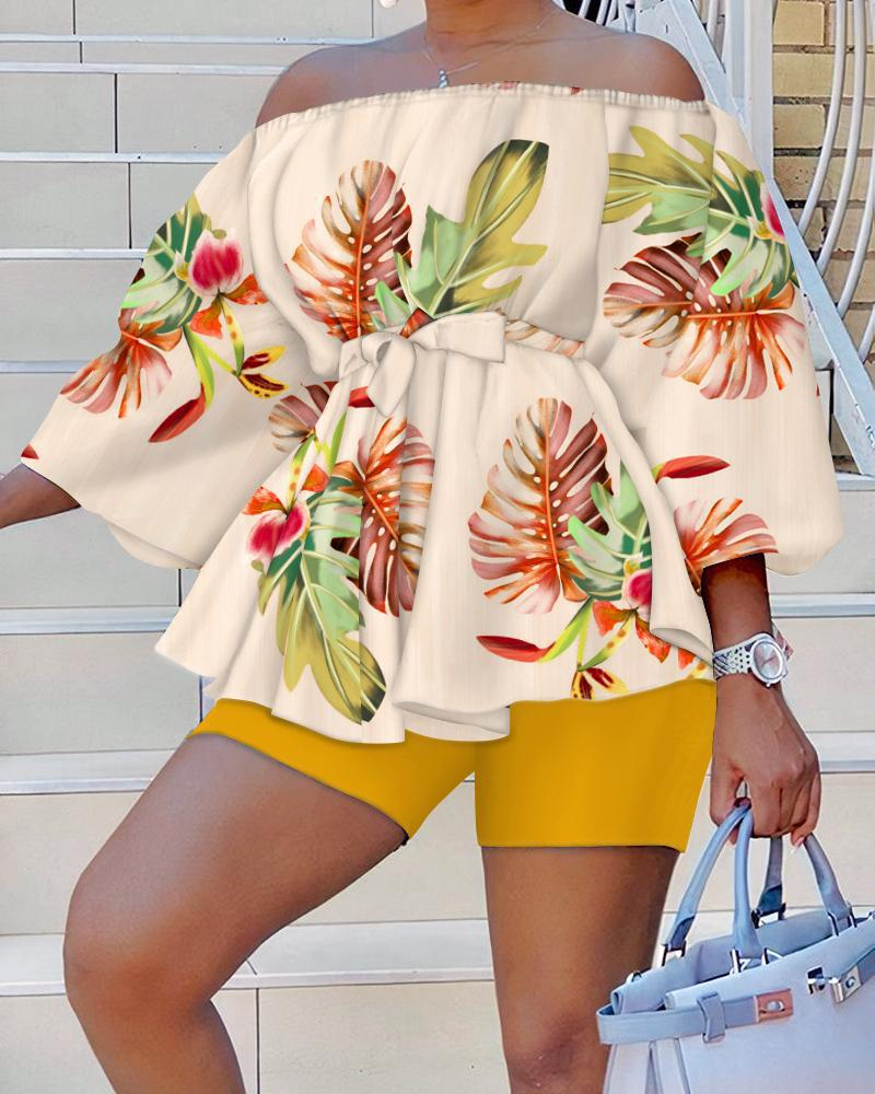 Women Fashion Print Off-Shoulder Top And Shorts 2pcs Set