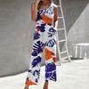 Women Slanted Shoulder Top Printed Waist Wide Leg Jumpsuit 1