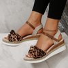 Women Fashion Plus Size Leopard Print One-Line Buckle Strap Round Toe Thick-Soled Sandals