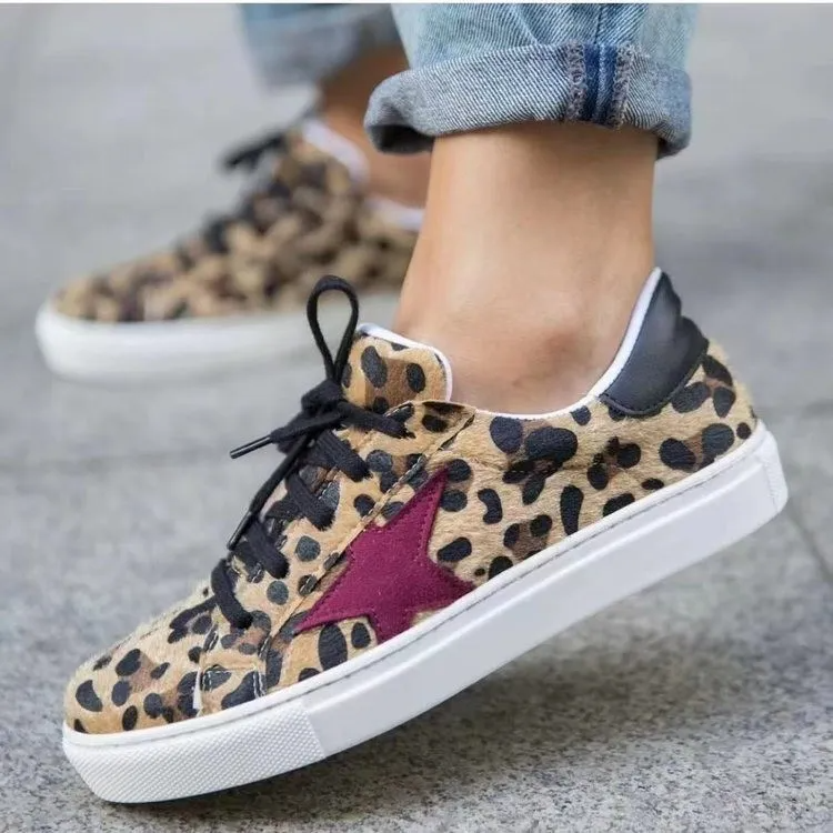 Women Fashion Casual Plus Size Leopard Star Round Toe Flat Sneakers