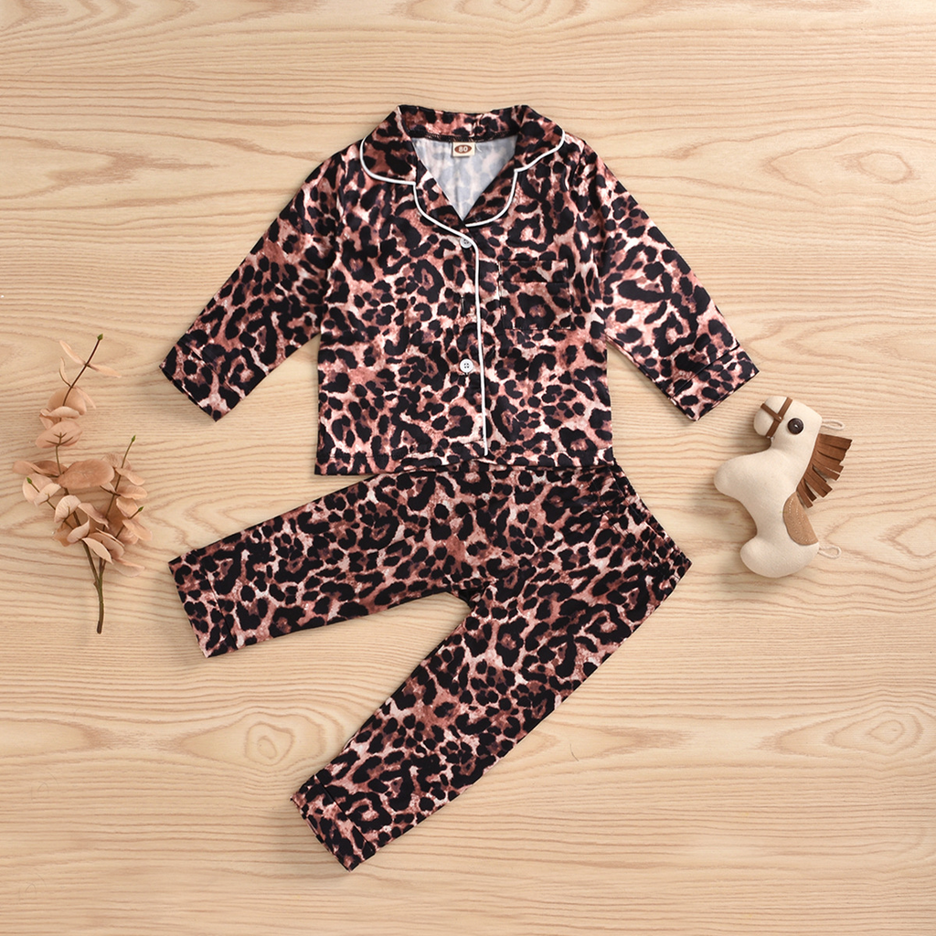 Children Kids Toddlers Girls Leopard Print V-Neck Long-Sleeved Tops And Pants 2pcs Pajamas Set