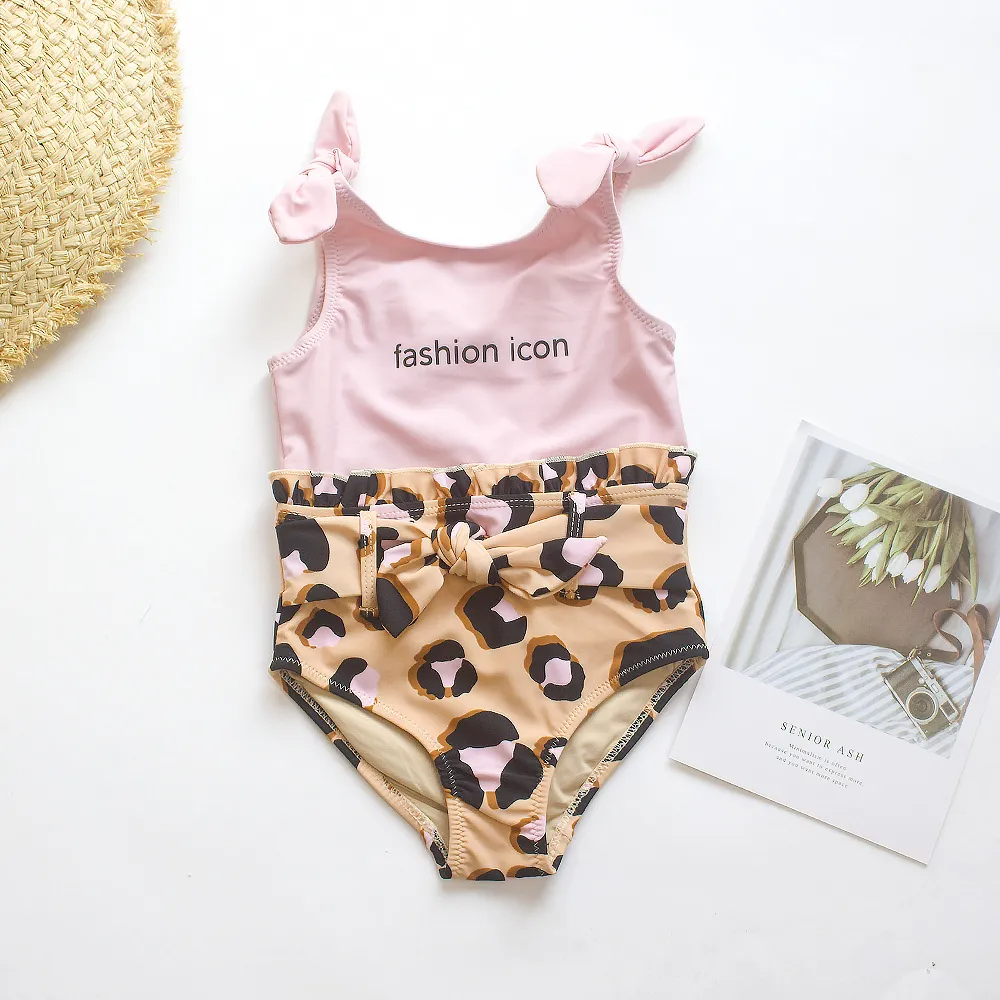 Children Kids Baby Fashion Girls Leopard Print Bow One Piece Swimsuit