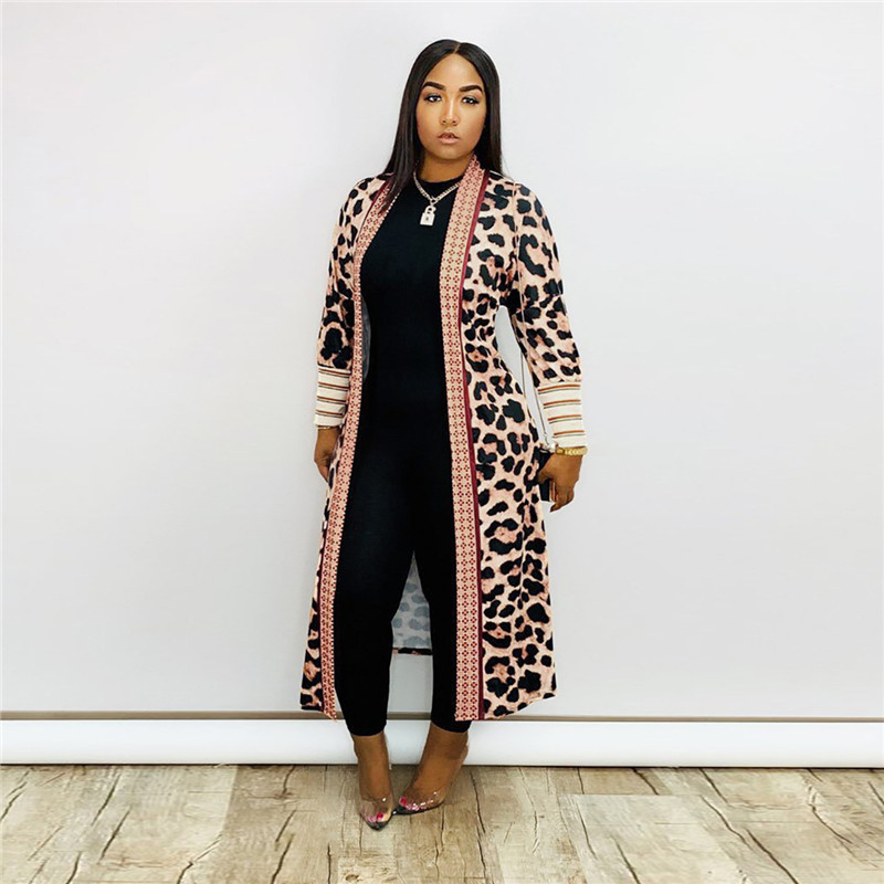 Women Fashion Leopard Print Long Sleeve Cardigan Coat