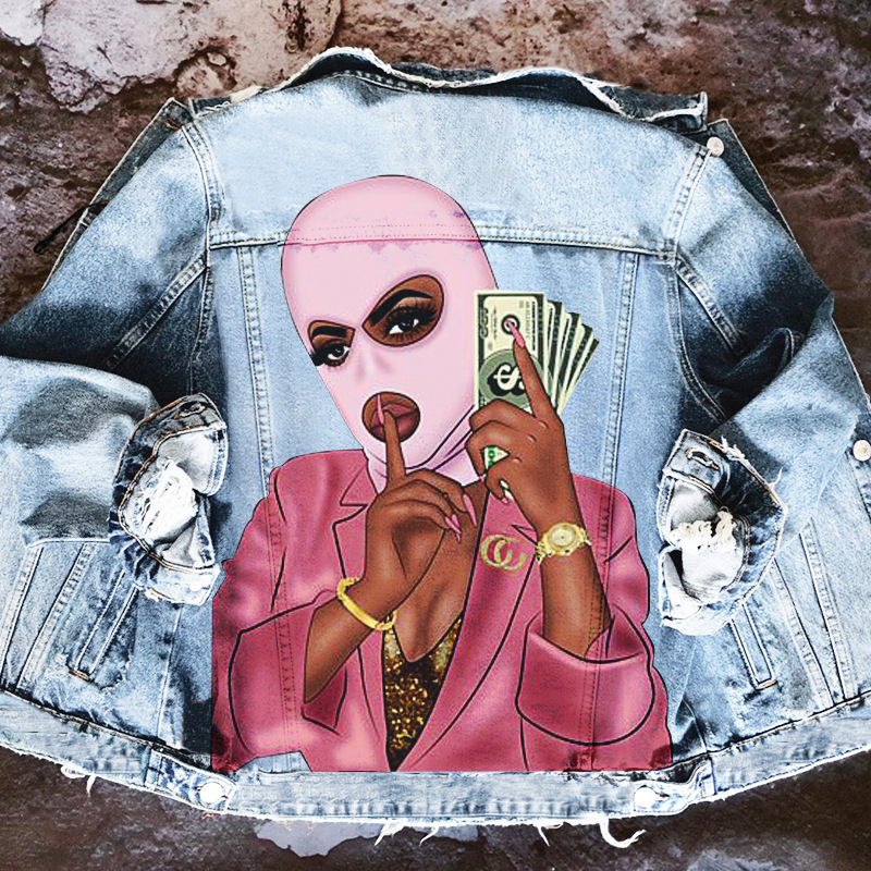 Women Casual Long Sleeves Graphic Printed Single-Breasted Denim Jacket