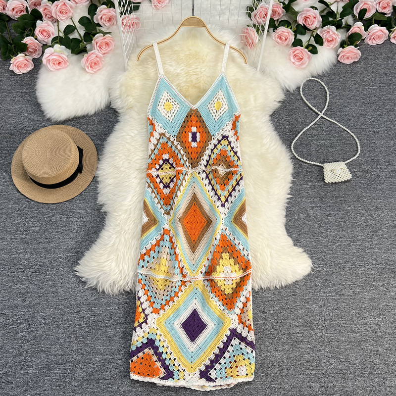 2 Pieces Women Fashion Summer Vacation Boho Style Color Blocking Knitted Sundress