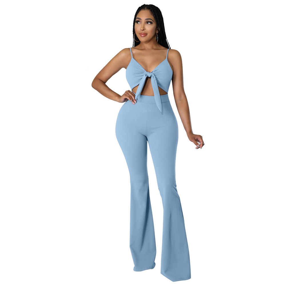 Women Solid Color Suspender Strap Hollow Flared Fashion Jumpsuit