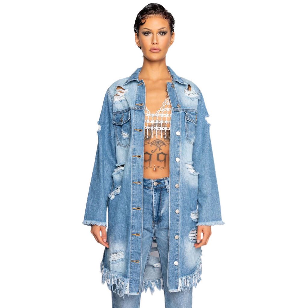 Women'S Fashion Ripped Fringed Long Sleeve Denim Jacket