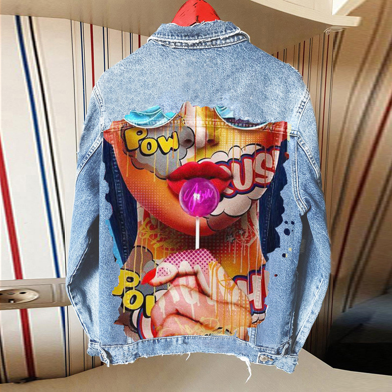 Women Casual Long Sleeves Graphic Printed Single-Breasted Denim Jacket