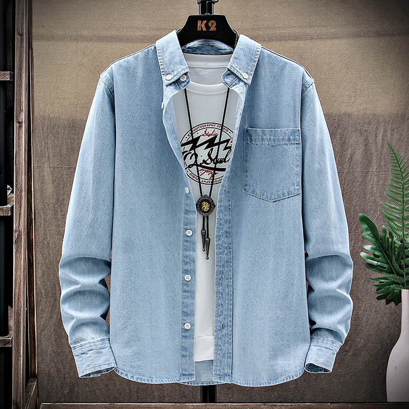 Men Casual Solid Color Lapel Long Sleeve Slim Denim Shirt