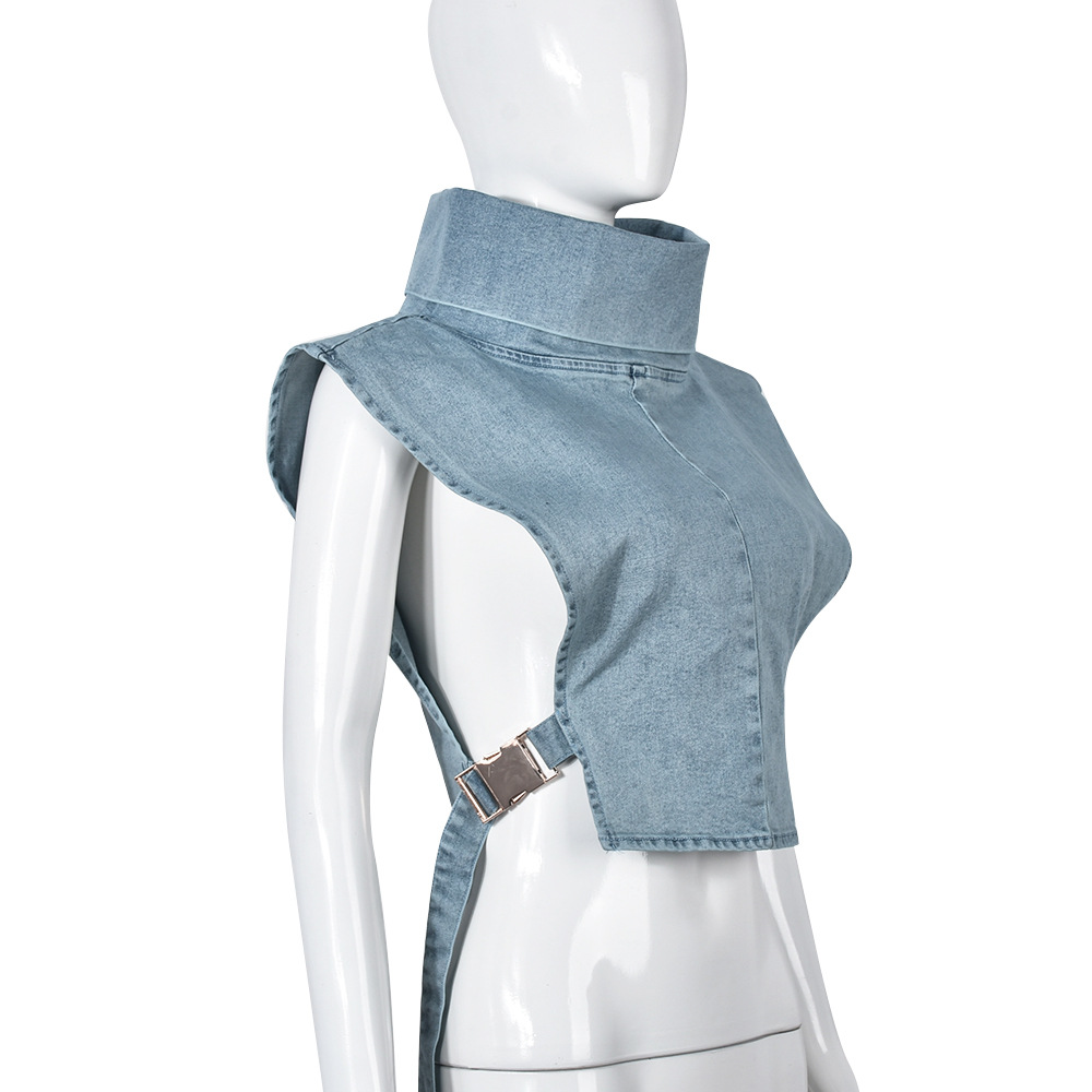 Women Fashion Turtle Neck Sleeveless Denim Top