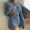 Women Casual Cozy Style Round Neck Long-Sleeved Wide-Leg Shorts Waffle Comfortable Two-Piece Loungewear Set