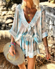 Women Summer Fashion Tie Dye Printing Sequin Stitching V-Neck Chiffon Blouse Cover Up