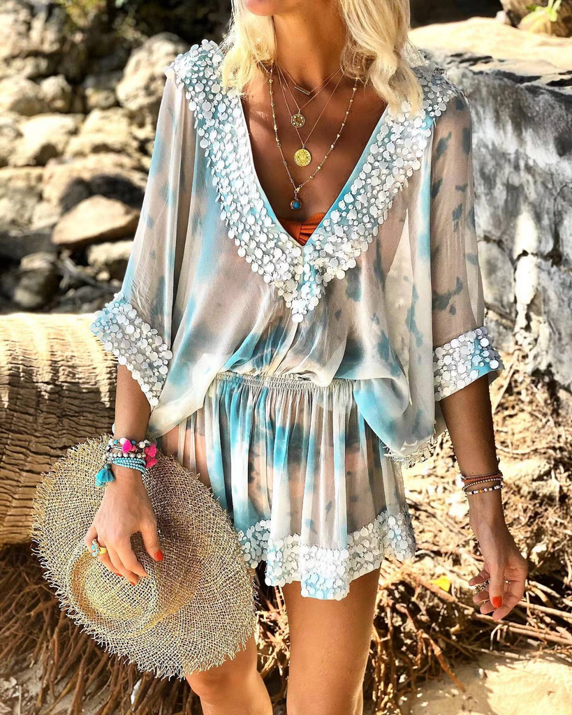 Women Summer Fashion Tie Dye Printing Sequin Stitching V-Neck Chiffon Blouse Cover Up
