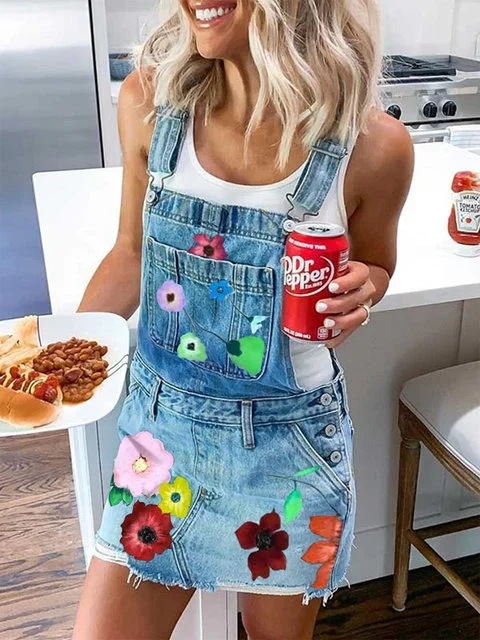 Women Fashion Casual Floral Printing Denim Suspender Dress