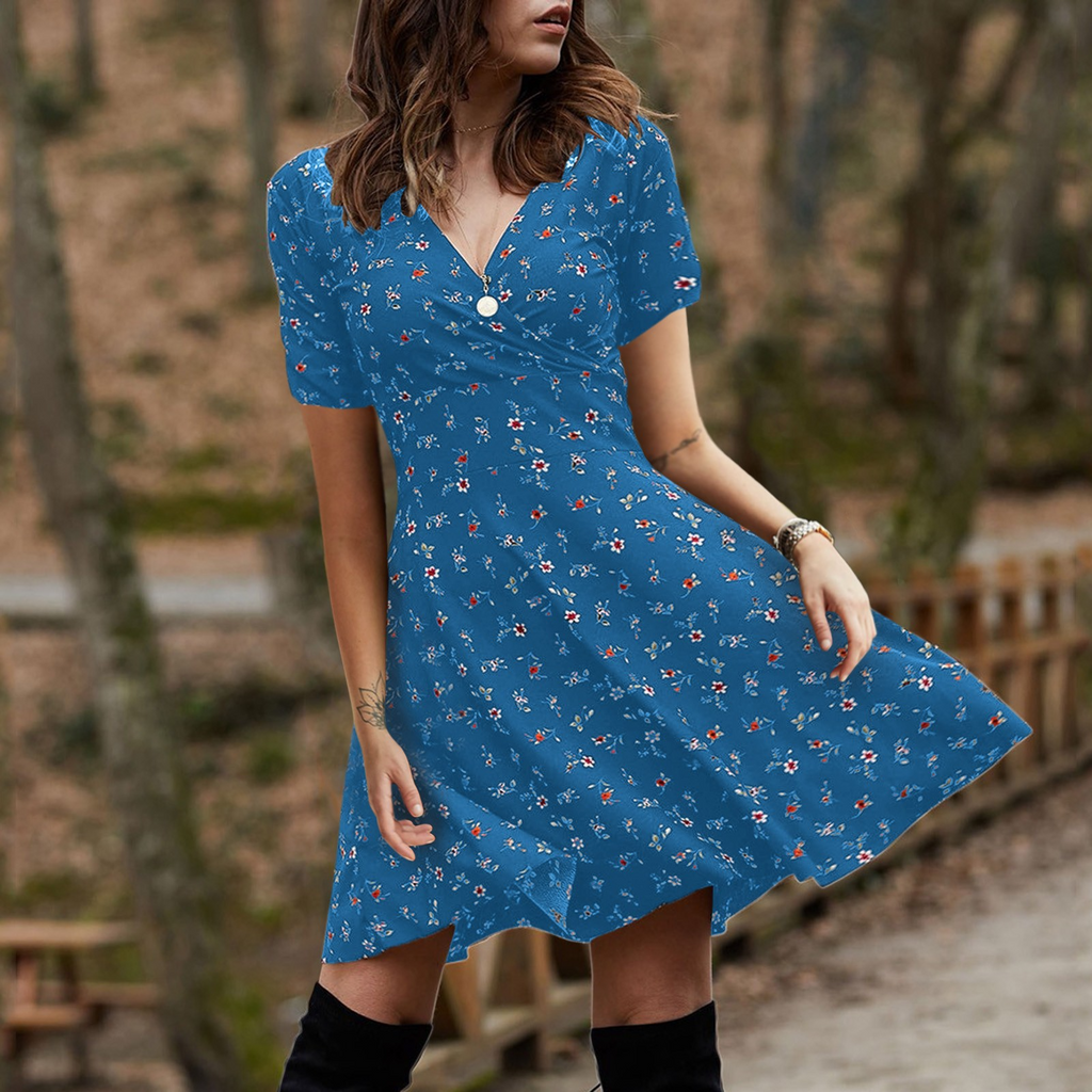 Women Fashion Elegant Tiny Flower Printing V Neck Short Sleeve Dress