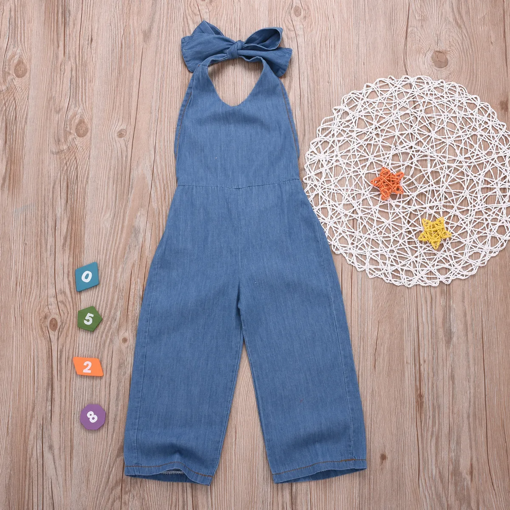 Children Kids Baby Fashion Girls Open-Back Denim Jumpsuit