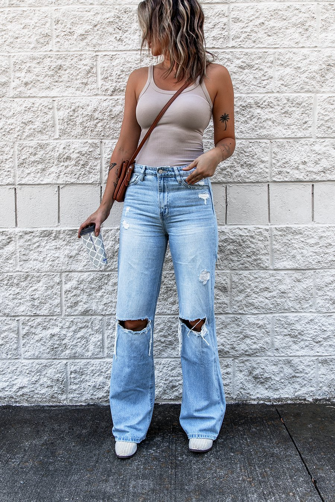 Women Fashion Retro Ripped High Waist Slim Fit Flare Jeans