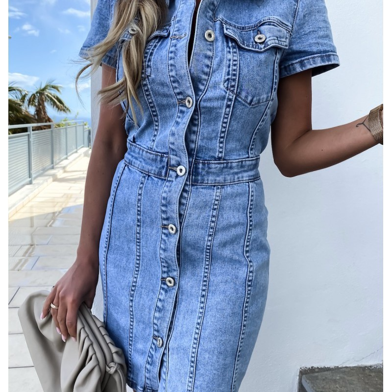 Women Mid-Length Retro Slim Single-Breasted Hip Short Sleeve Denim Dress