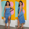 Summer Women Casual Elegant Side-Slit Midi Denim Dress